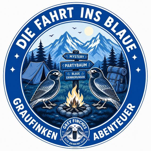 Graufinken Abenteuer — Die Fahrt ins Blaue, Wappen mit zwei Finken am Lagerfeuer